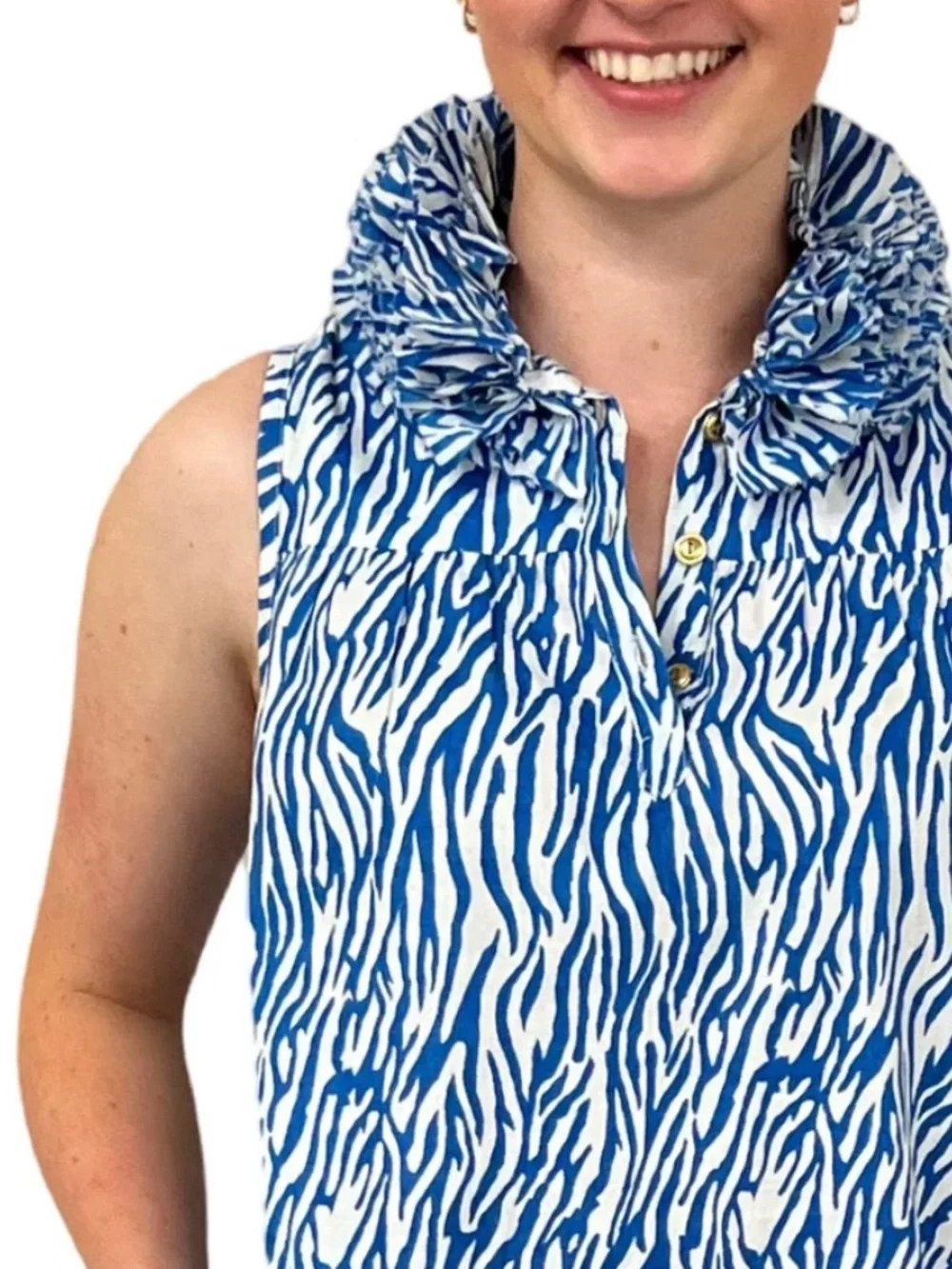 LIZA BYRD Newport Sleeveless Ruffle Collar Tunic in Blue White Zebra Stripe, NWT